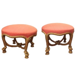 Pair of Second Empire Gilt and Upholstered Rope Twist Stools