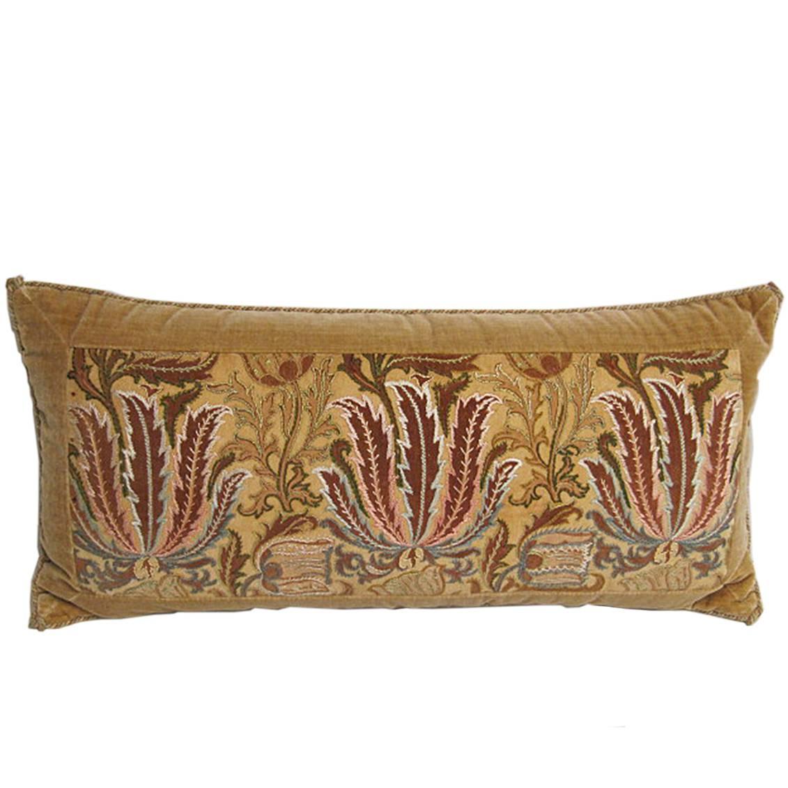 Handmade Yellow Velvet Pillow with 19th Century Silk Embroidered Panel