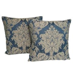 Pair of Handmade Blue Damask Pillows with a Floral Pattern 11