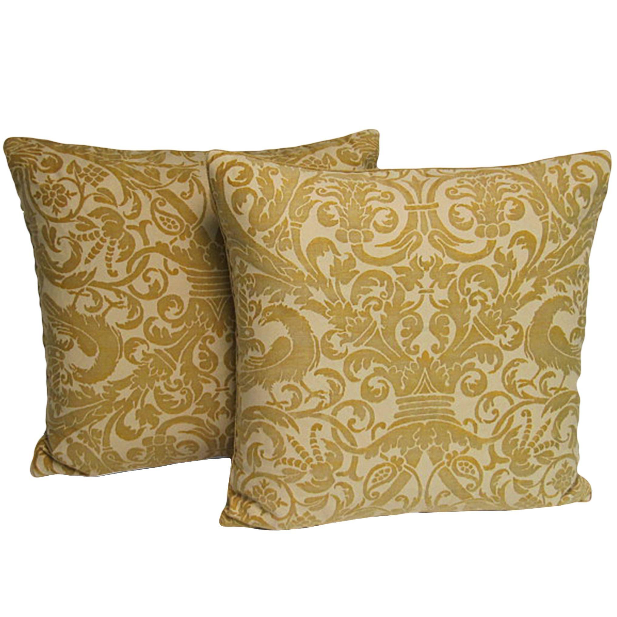 Pair of Handmade Yellow Cotton and Velvet Pillows with a Rope Trim