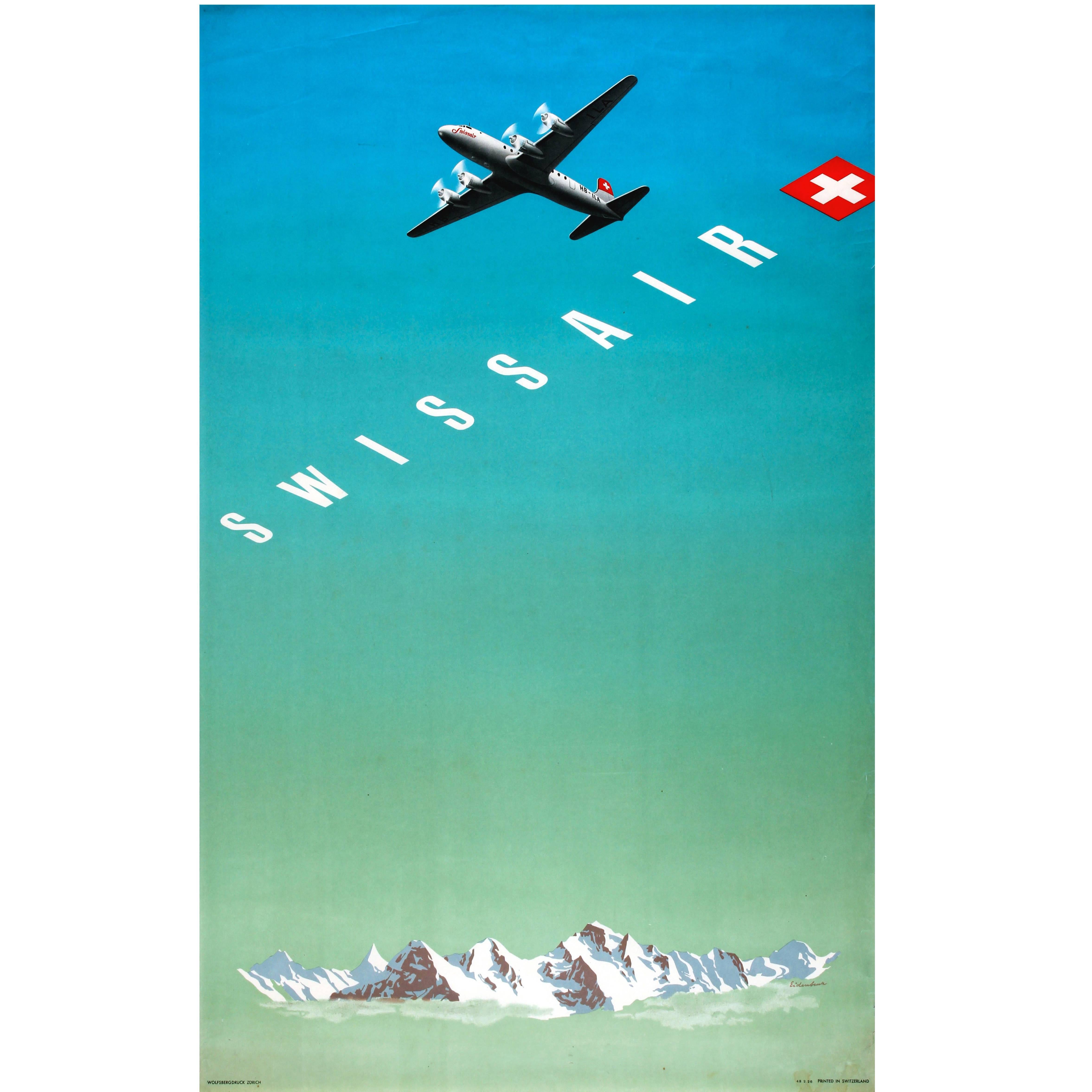 Original Vintage Travel Advertising Poster by Eidenbenz for Swissair Switzerland