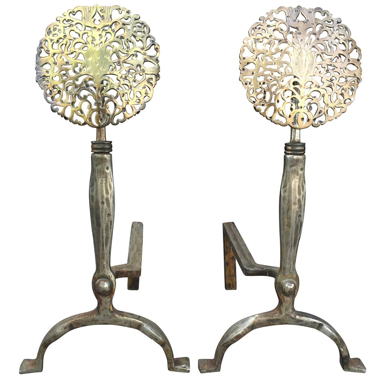 Pair of 19th-20th Century Steel and Brass Medallion Andirons