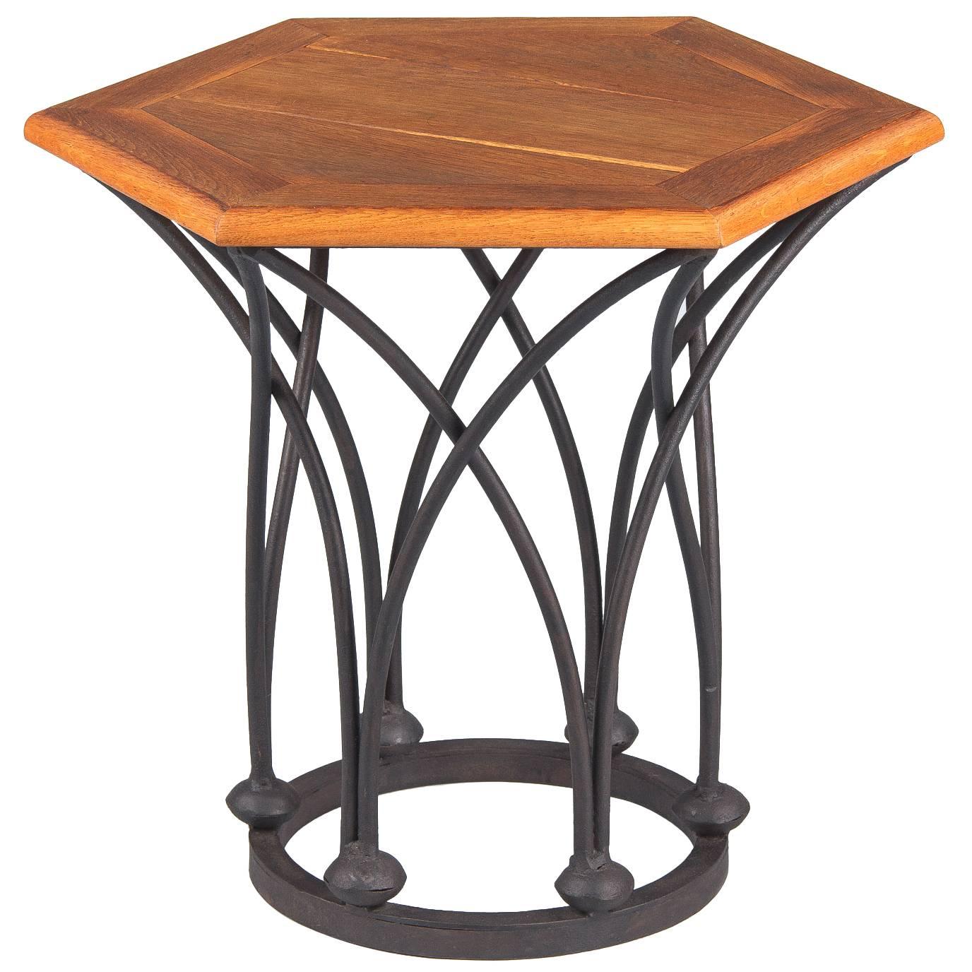 Mid-Century French Hexagonal Side Table with Iron Base