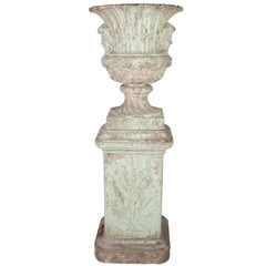 Antique Light Green Painted Three-Part Concrete Urn