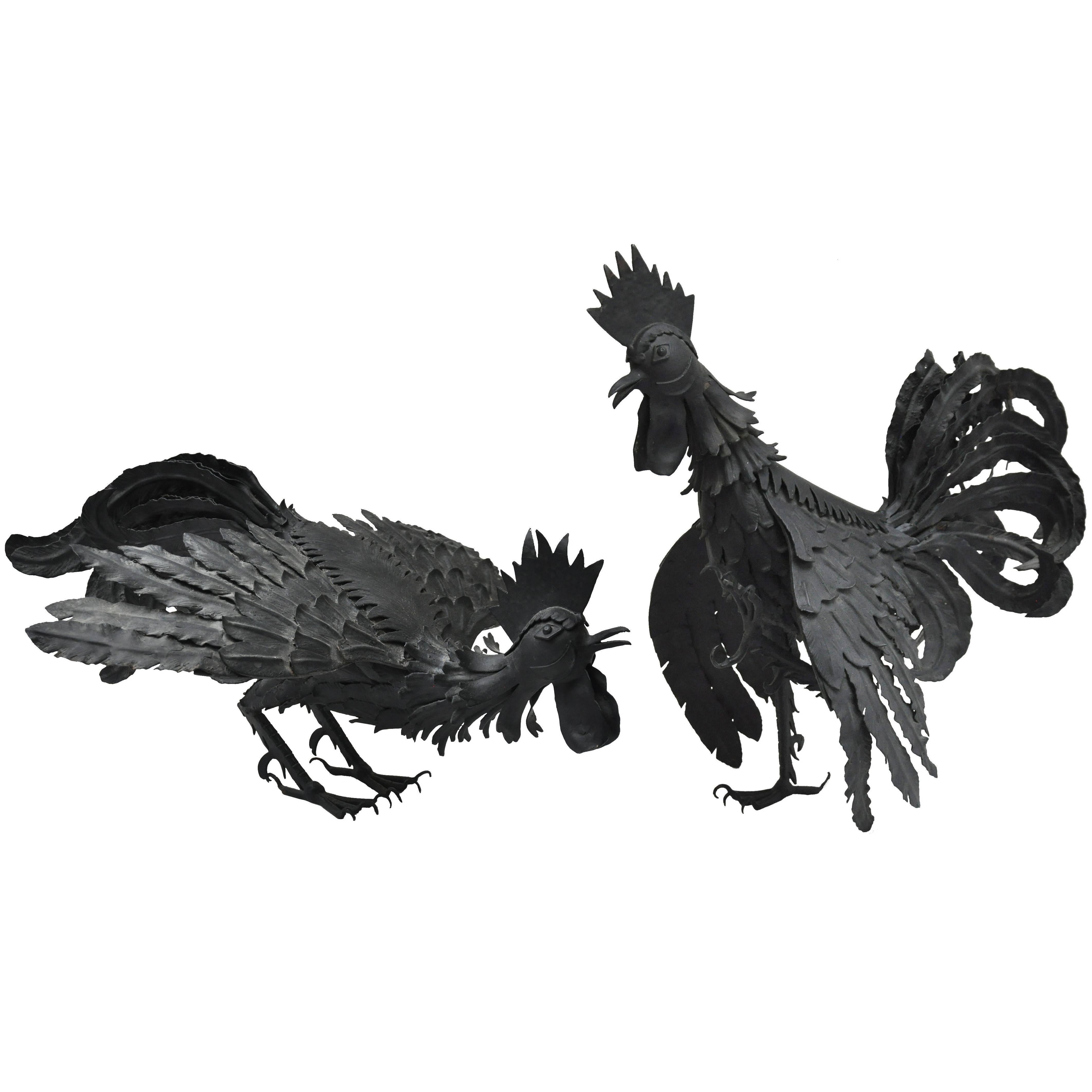 Pair of Handmade Midcentury Roosters For Sale