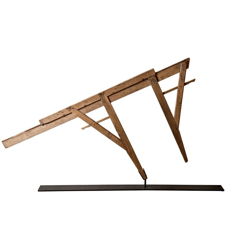 Vintage Wood Caliper of Unusual Size, French, on Custom Steel Base For Sale