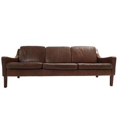 Danish Olive Brown Leather Three-Seat Sofa Mogensen Style Mid-Century, 1960s Danish Olive Brown Leather Three-Seat Sofa Mogensen Style Mid-Century, 1960s