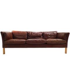 Danish Chestnut Brown Leather Three-Seat Sofa, Midcentury, 1960s