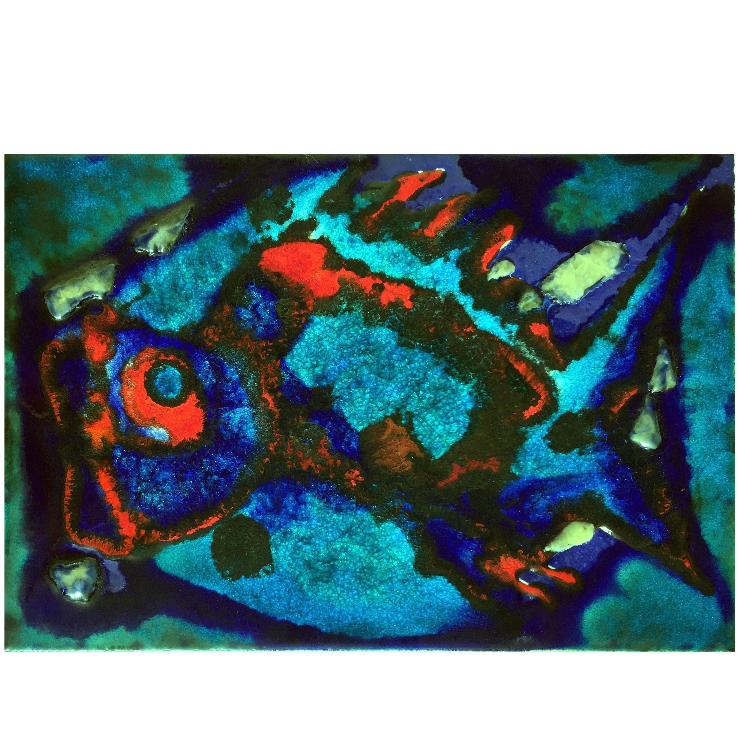 Large Ceramic Art Tile, Fish in Ocean Blue Turquoise Red Glaze, Germany, 1950s For Sale