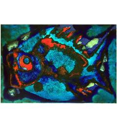 Large Ceramic Art Tile, Fish in Ocean Blue Turquoise Red Glaze, Germany, 1950s