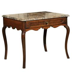 18th Century French Louis XV Oak Side Table with Marble Top and Drawer