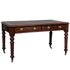 19th Century English Writing Table with Brown Leather Top and Turned Legs