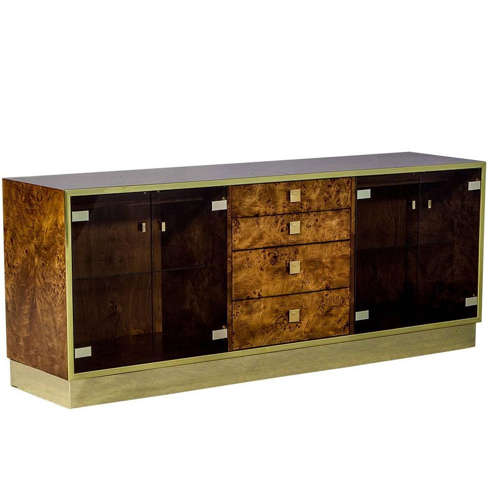 1960s Burled Wood Polished Brass and Glass Credenza