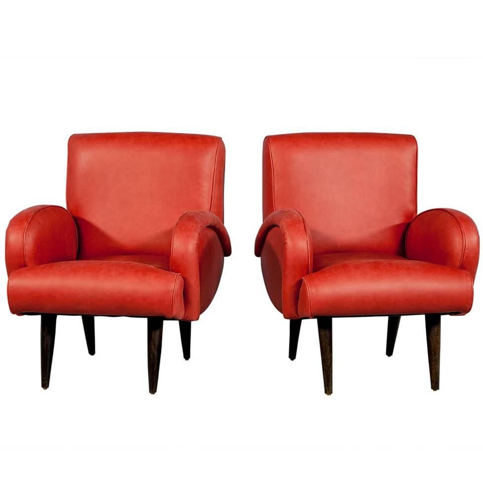 Pair of Mid-Century Distressed Red Leather Lounge Chairs