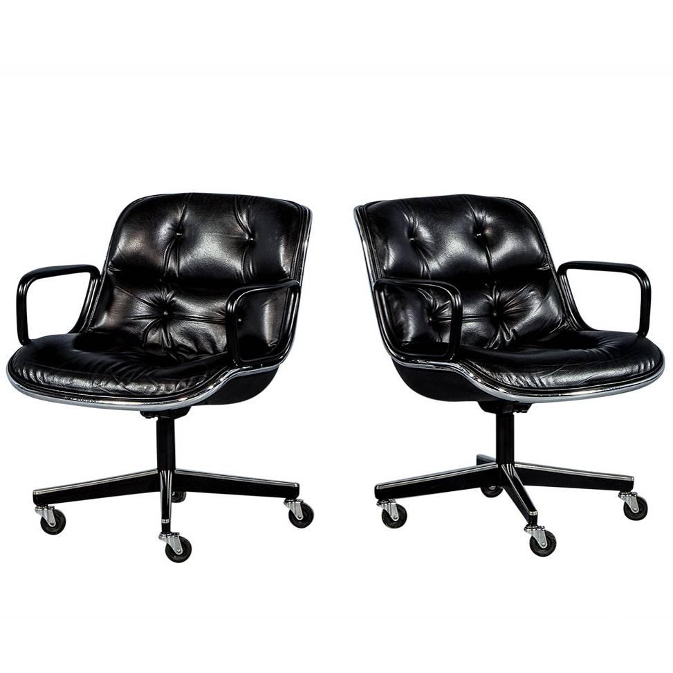 Pair of Vintage Black Leather Tufted Office Chairs Attributed to Charles Pollock