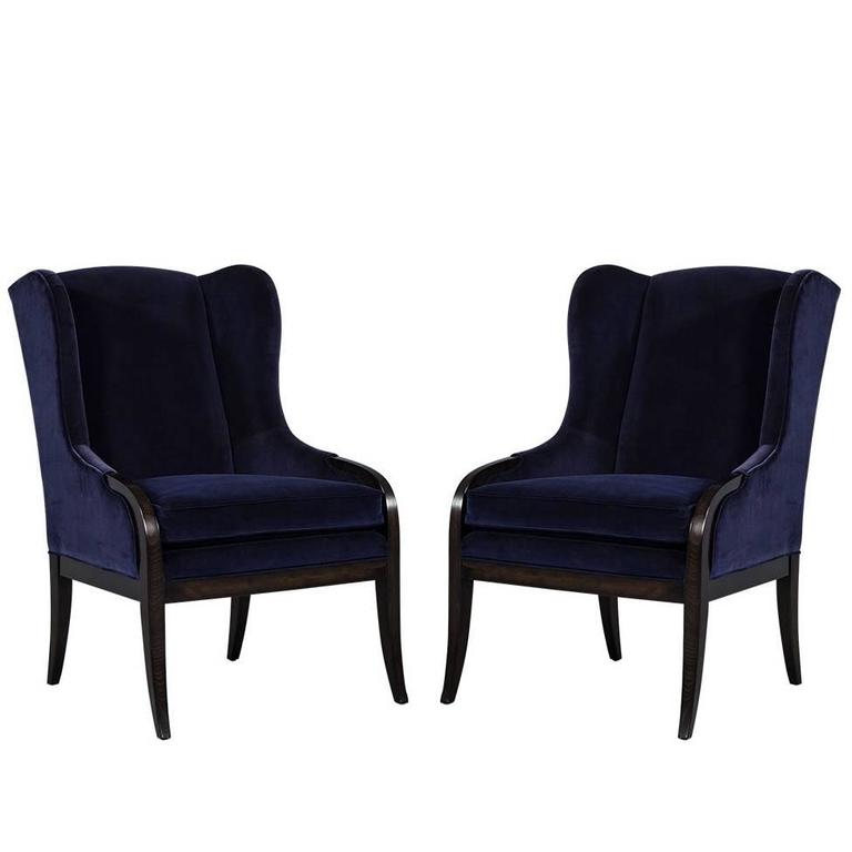 Pair of Blue Velvet Wing Chairs by Carrocel For Sale at 1stDibs