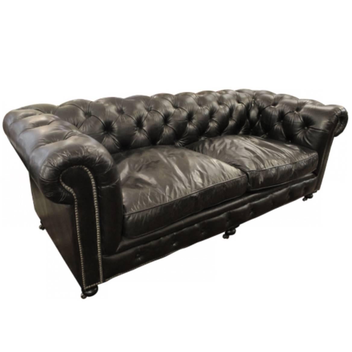 Large Ralph Lauren Black Leather Tufted Cigar Couch