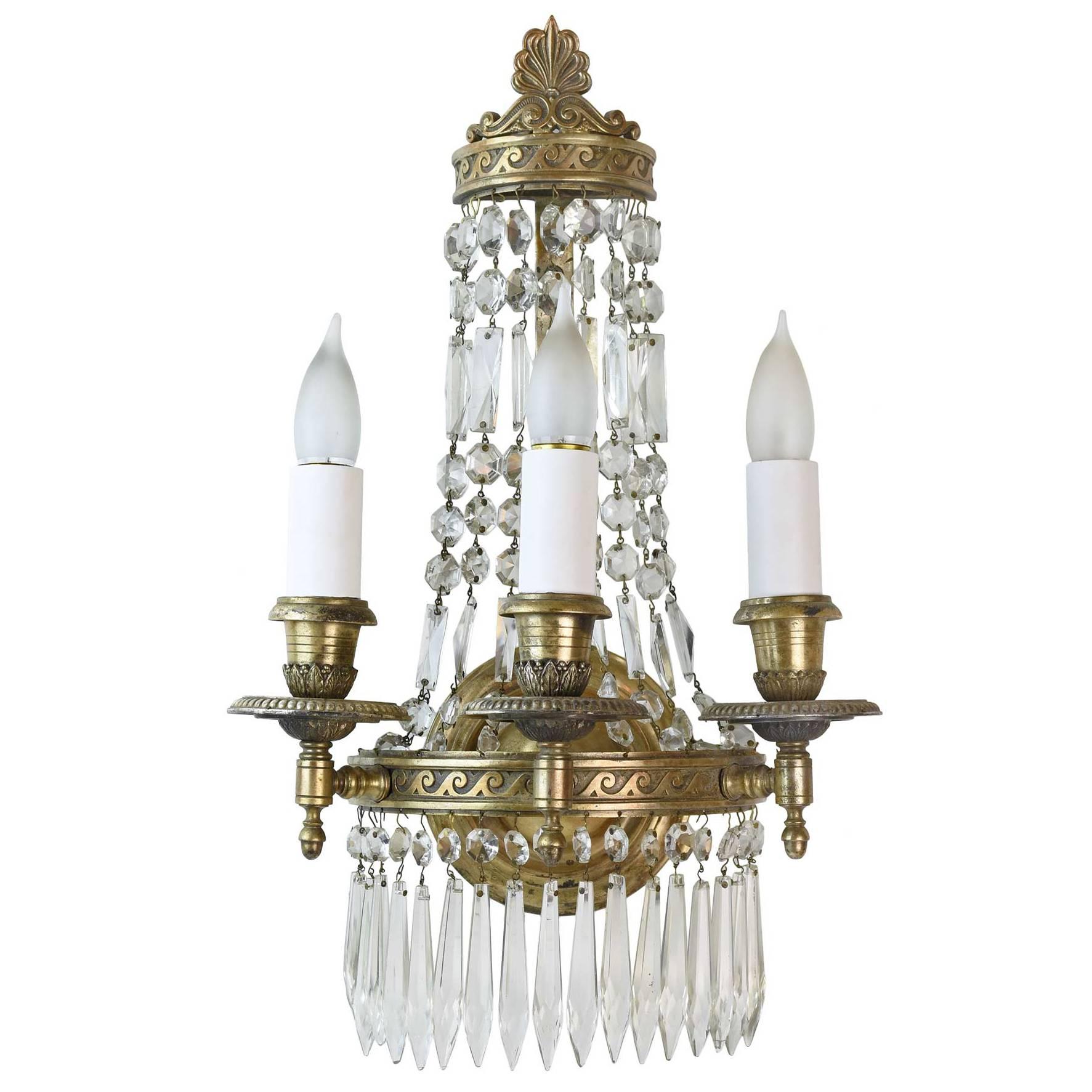 Vintage 1930s Oversized Three-Candle Crystal and Cast Brass Sconce