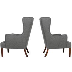 Exclusive & Rare Pair of Danish Modern 1960s Wingback Lounge Chairs in Grey Wool