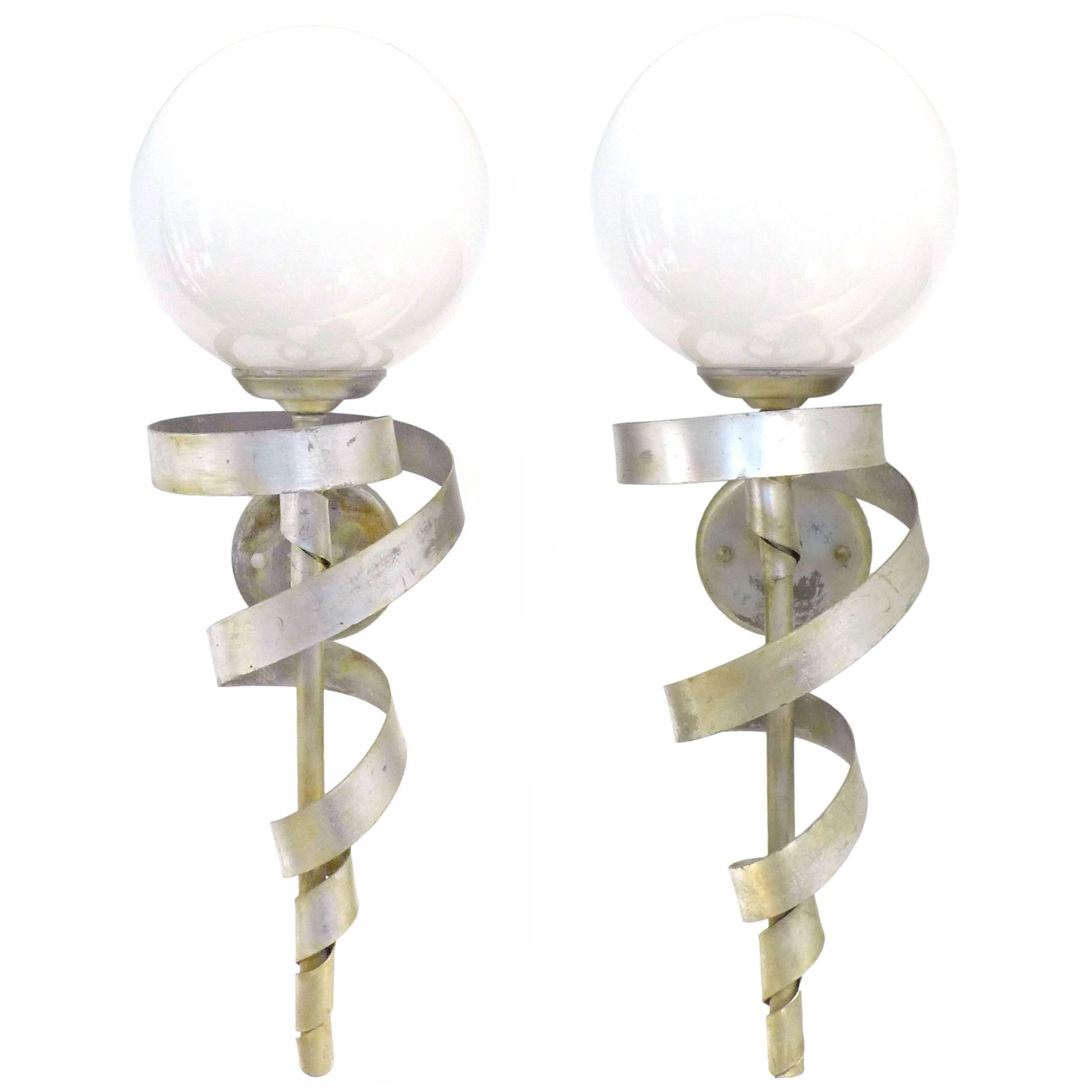Pair of Silver-Leaf "Torch" Sconces For Sale