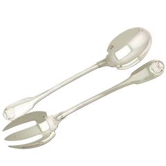 Pair of French Silver Fiddle Thread and Shell Salad Servers