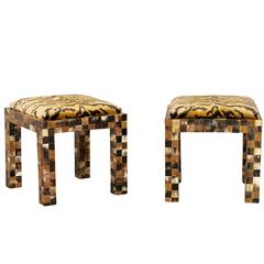 Pair of Karl Springer Style Stools with Faux Tiger Upholstery