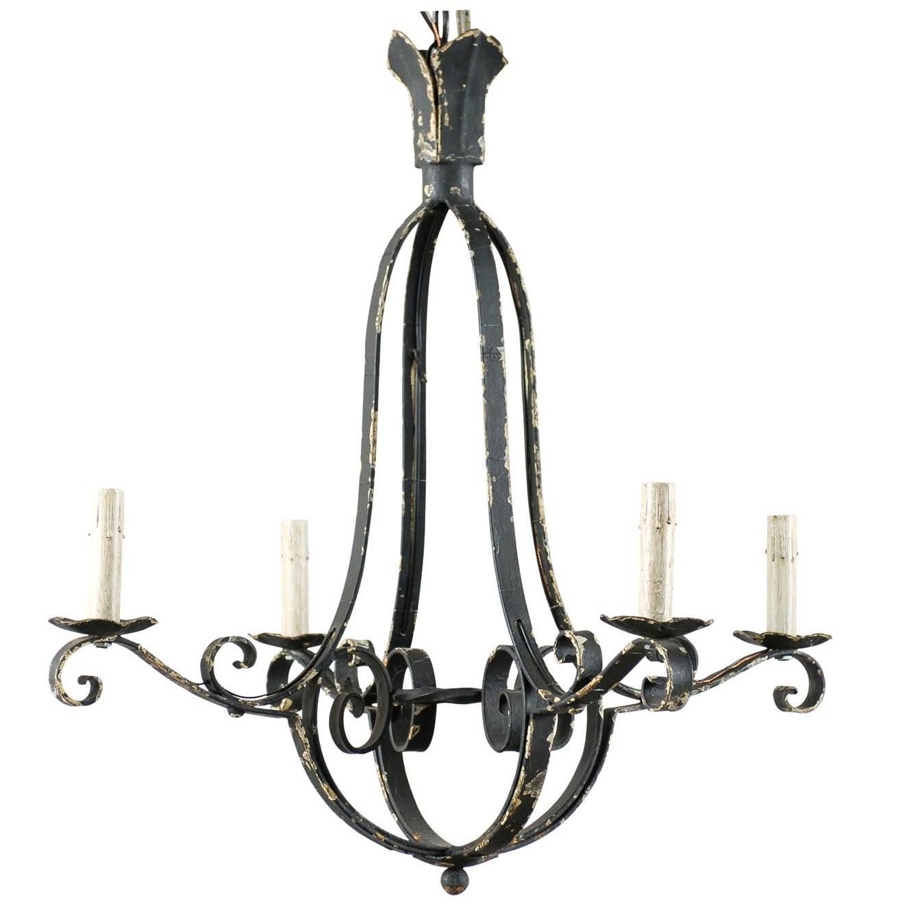 French Vintage Iron Four-Light Chandelier For Sale