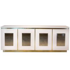White Lacquer, Brass and Mirrored 1970s Credenza / Dresser