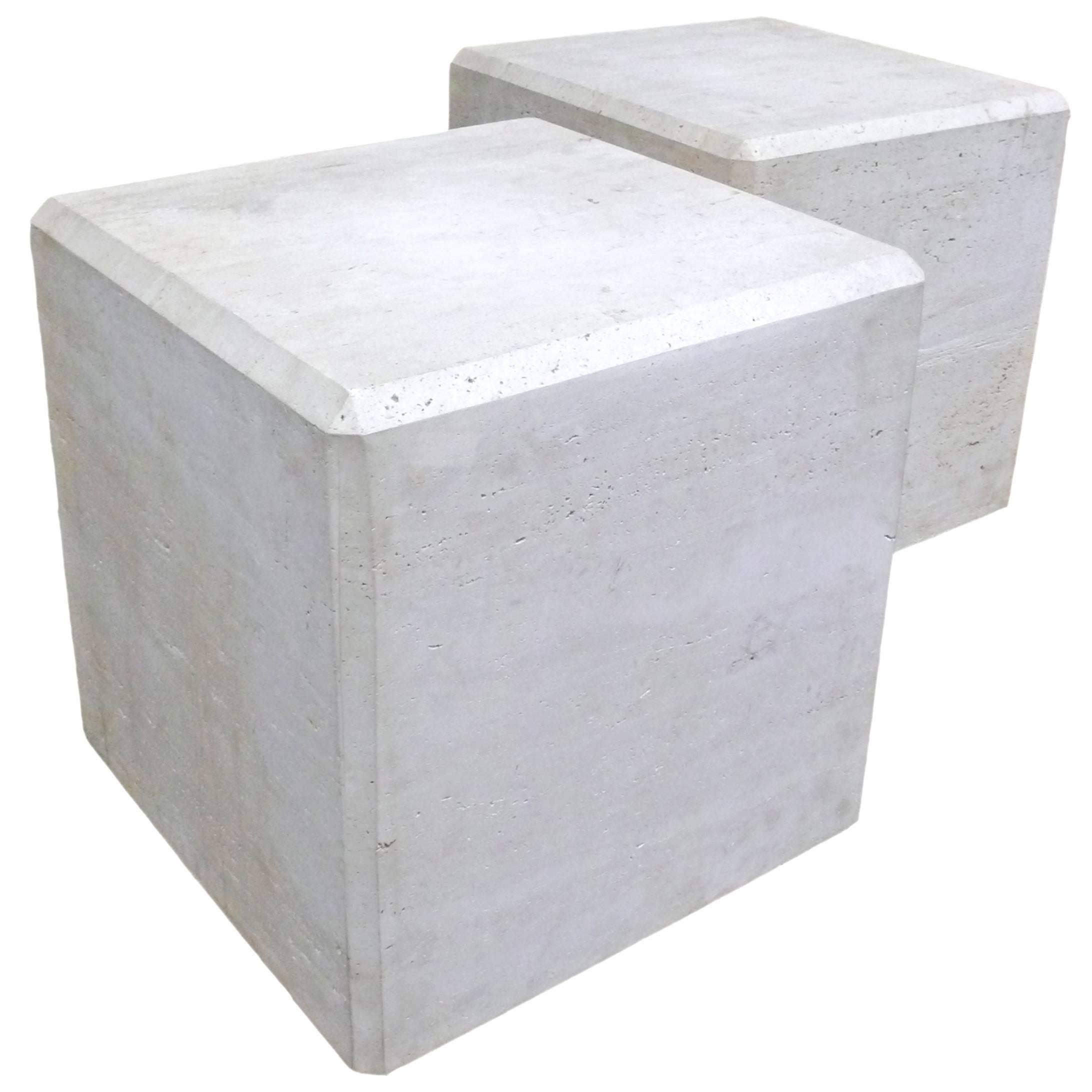 Pair of Massive Faceted Travertine Cube Tables For Sale