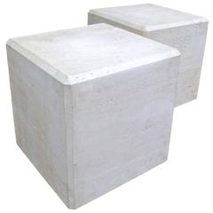 Pair of Massive Faceted Travertine Cube Tables