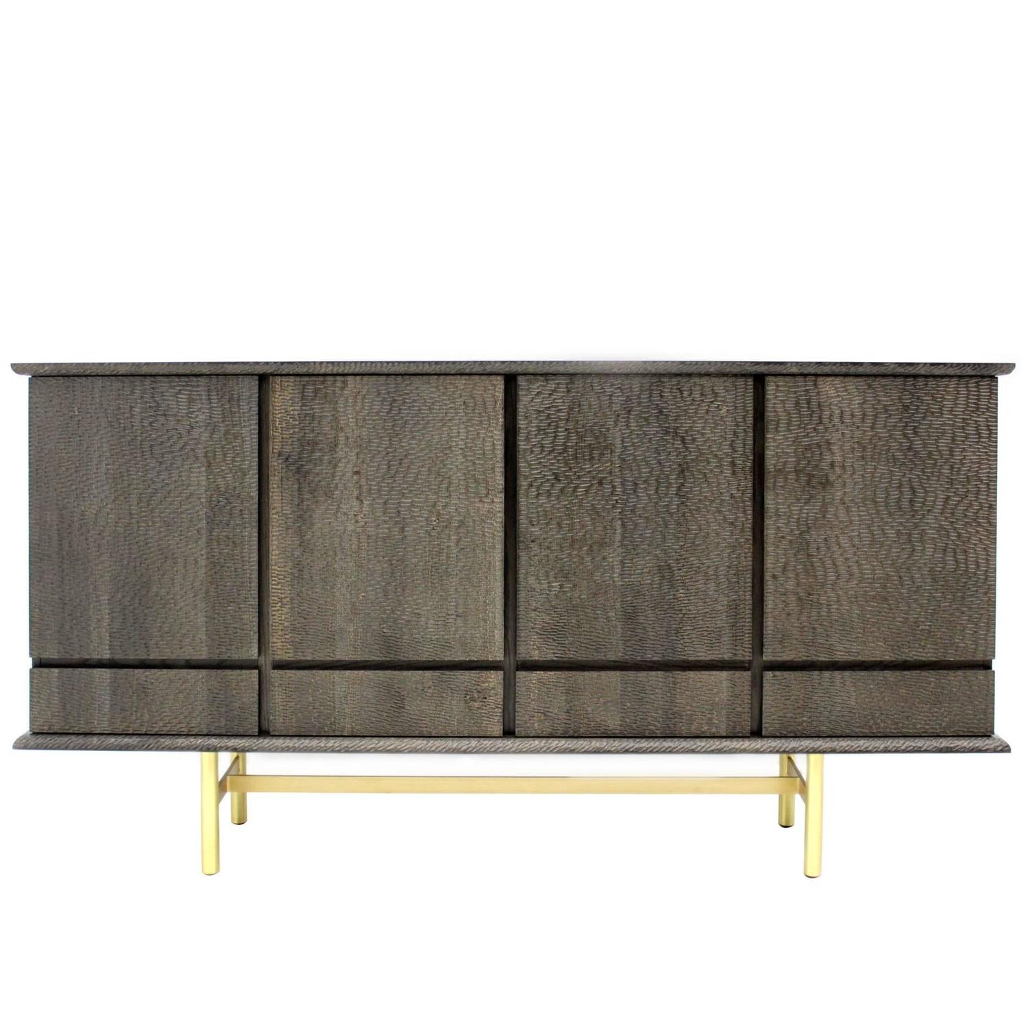 Modern Italian Textured Walnut Wood and Iron Four-Door Sideboard Modern Italian Textured Walnut Wood and Iron Four-Door Sideboard