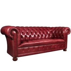 Red Leather Chesterfield Style Three-Seat Sofa