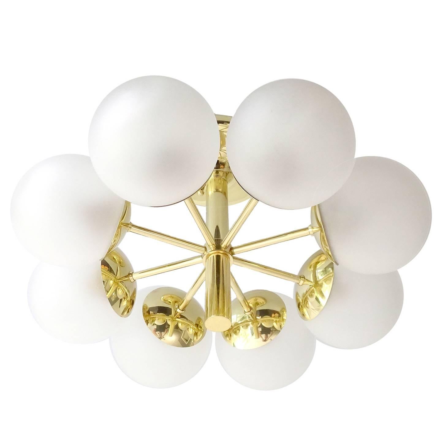Mid-Century Modern   Kaiser Brass & Glass Globes Chandelier, 1960s Stilnovo Style  