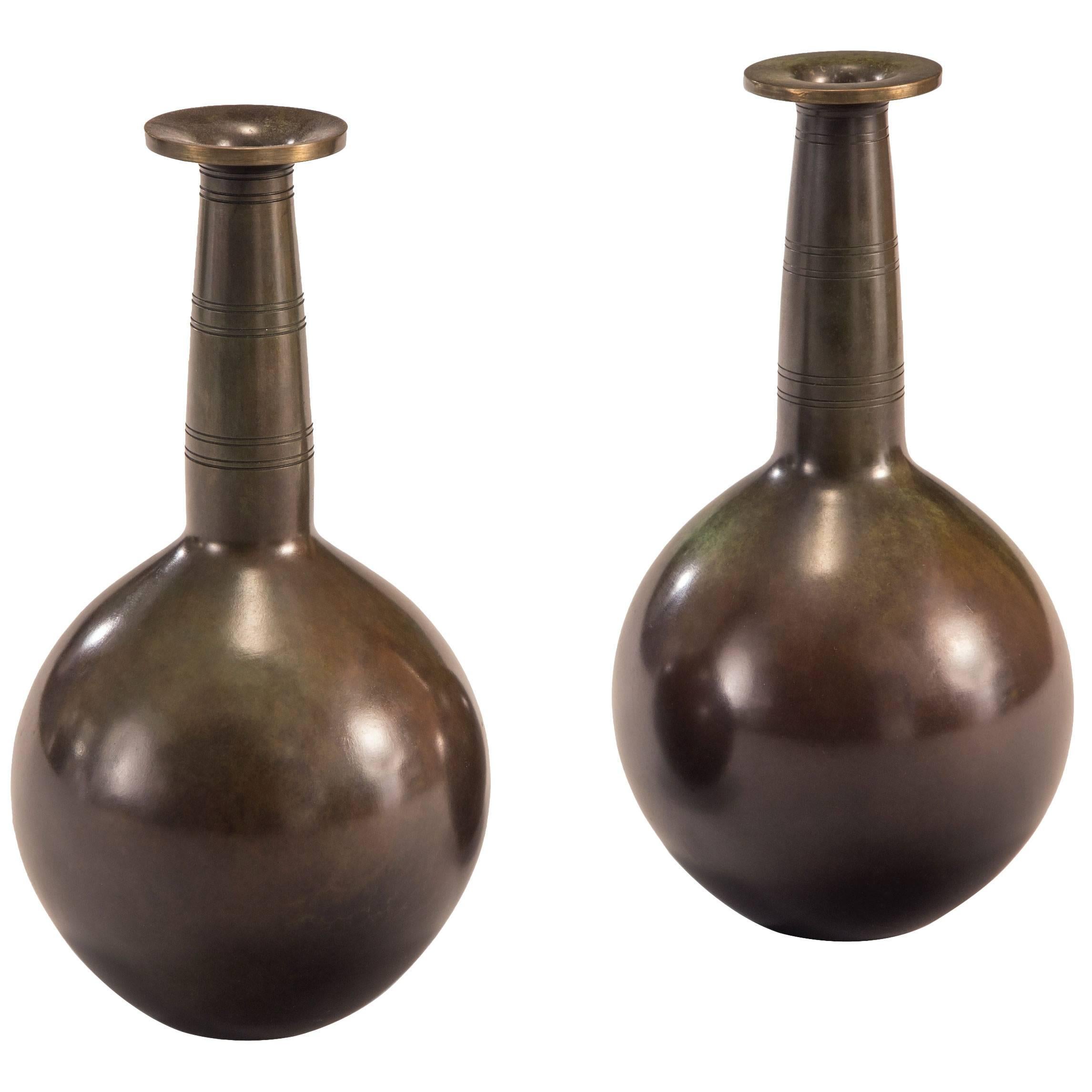 Just Andersen, Pair of Danish Patinated Bronze Bottle Form Vases