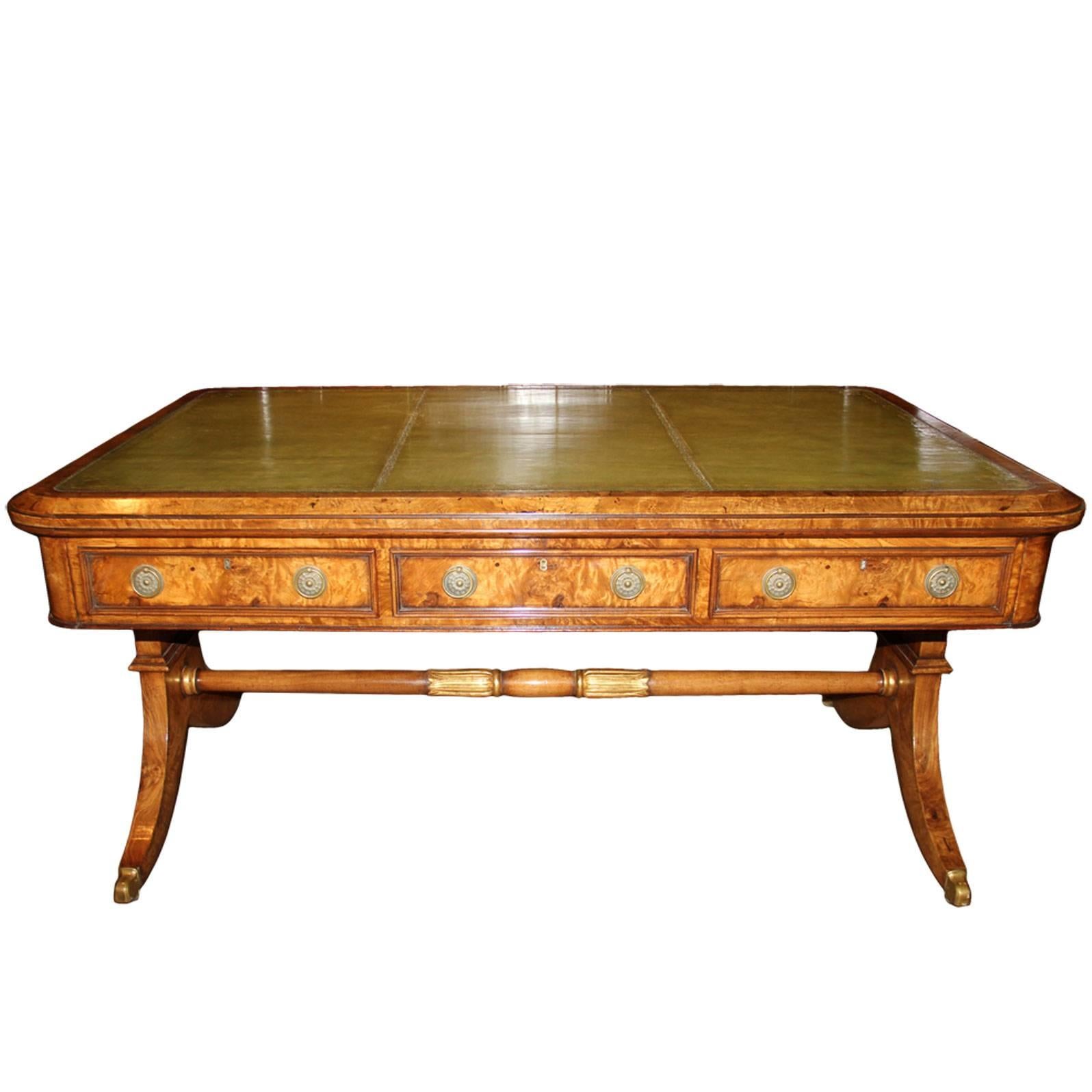19th Century English Regency Burl Elmwood and Parcel-Gilt Partners Desk For Sale