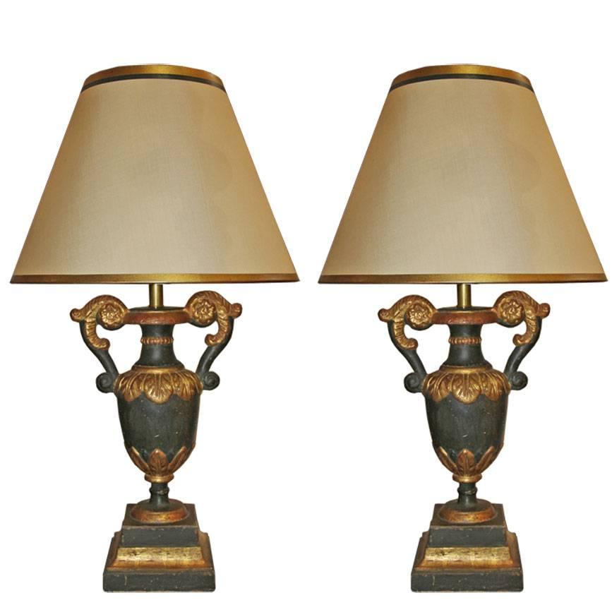 Pair of Venetian Parcel-Gilt and Polychrome Baroque Style Urn Lamps