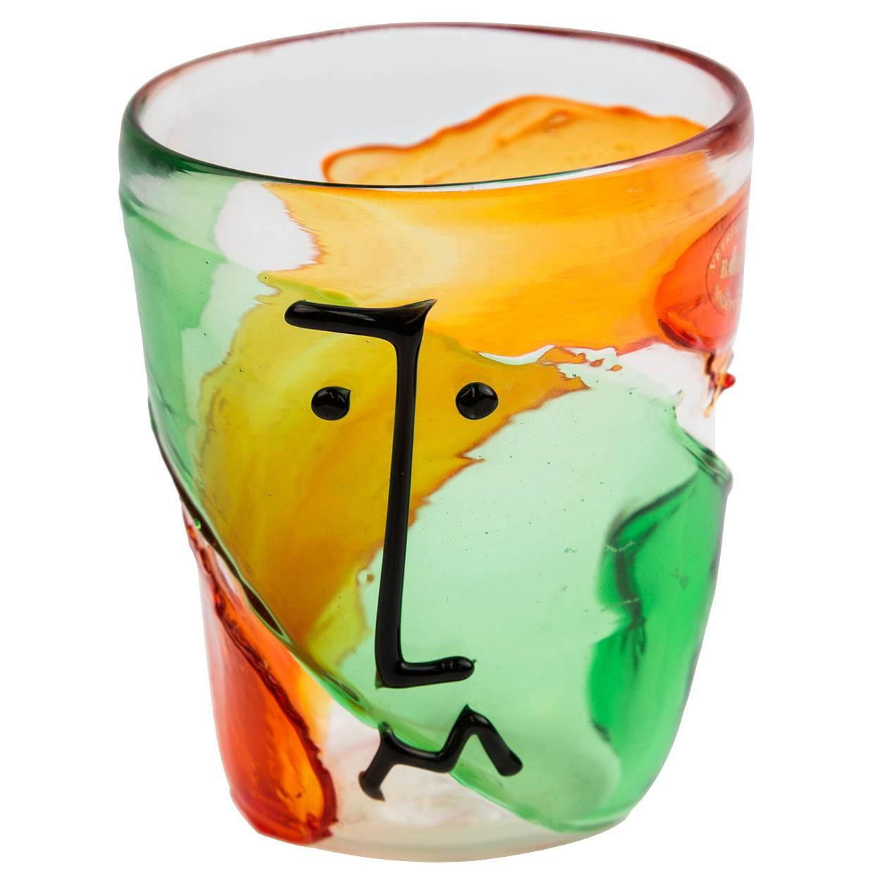 Vieux vase Badioli en verre de Murano multicolore avec visage abstrait de style Picasso