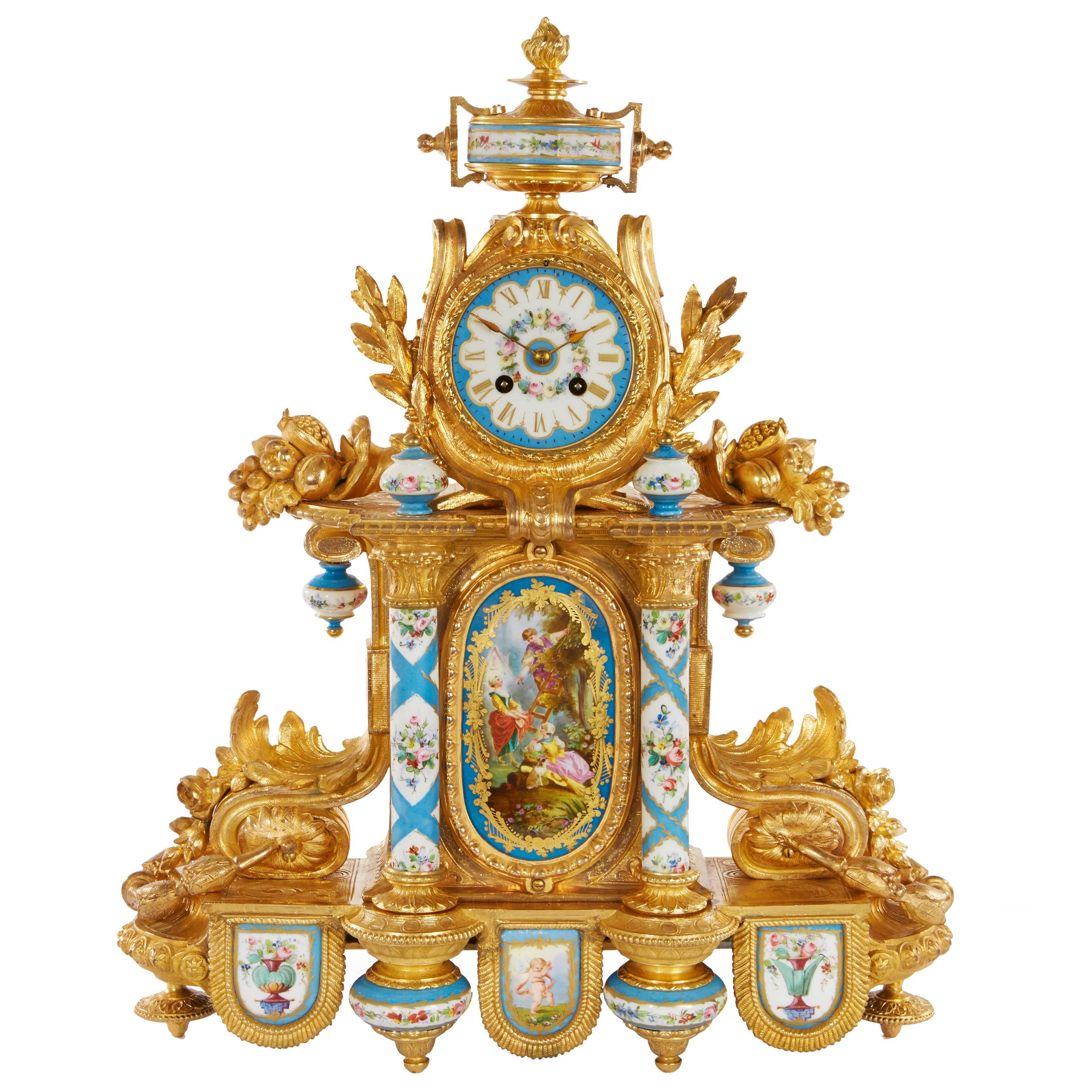 Rococo Style Ormolu and Porcelain Antique Mantel Clock