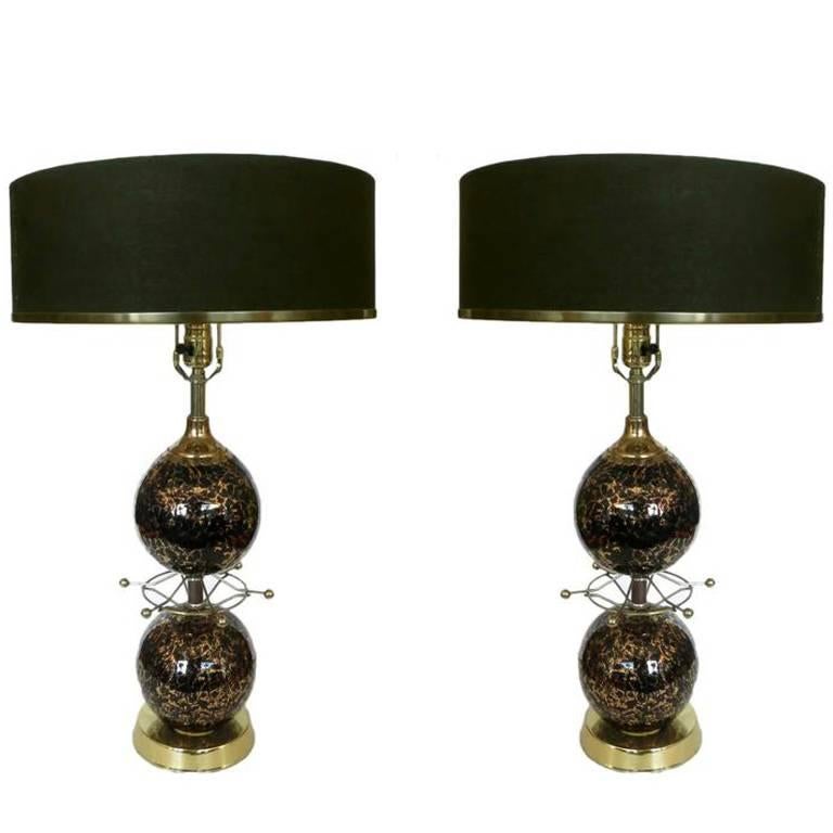 Onyx and Gold Foil Art Glass Table Lamp Pair with Brass Starburst Detail, Italy