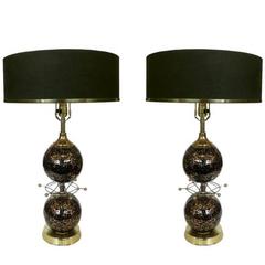 Retro Onyx and Gold Foil Art Glass Table Lamp Pair with Brass Starburst Detail, Italy