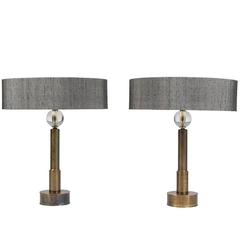 Unique Pair of Art Deco Style Patinated Metal and Crystal Table Lamps