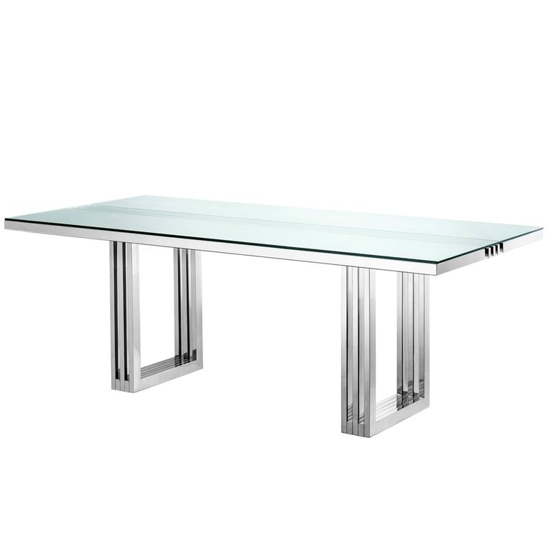 Giuseppe Dining Table Polished Stainless Steel and Clear Glass Top For