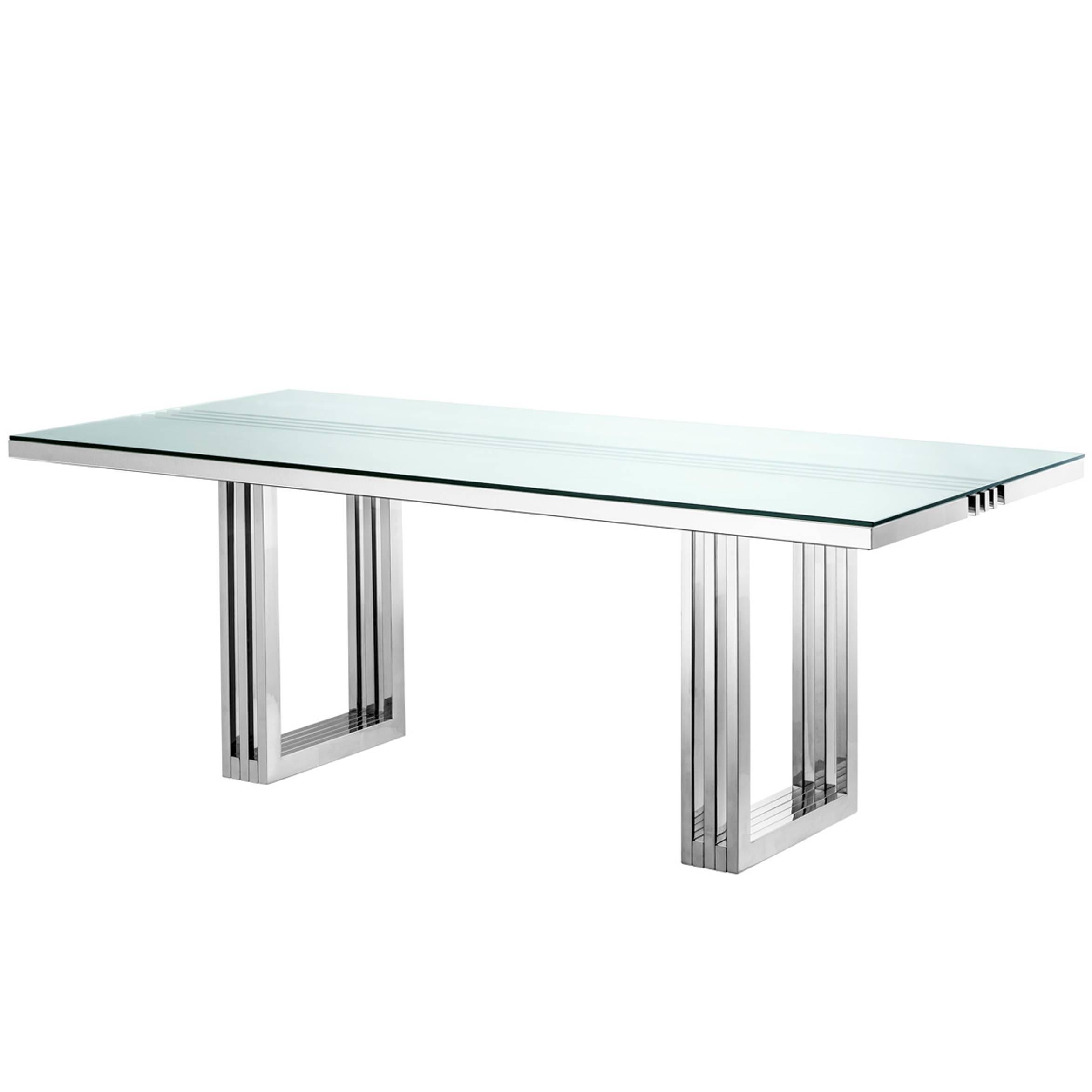 Giuseppe Dining Table Polished Stainless Steel and Clear Glass Top