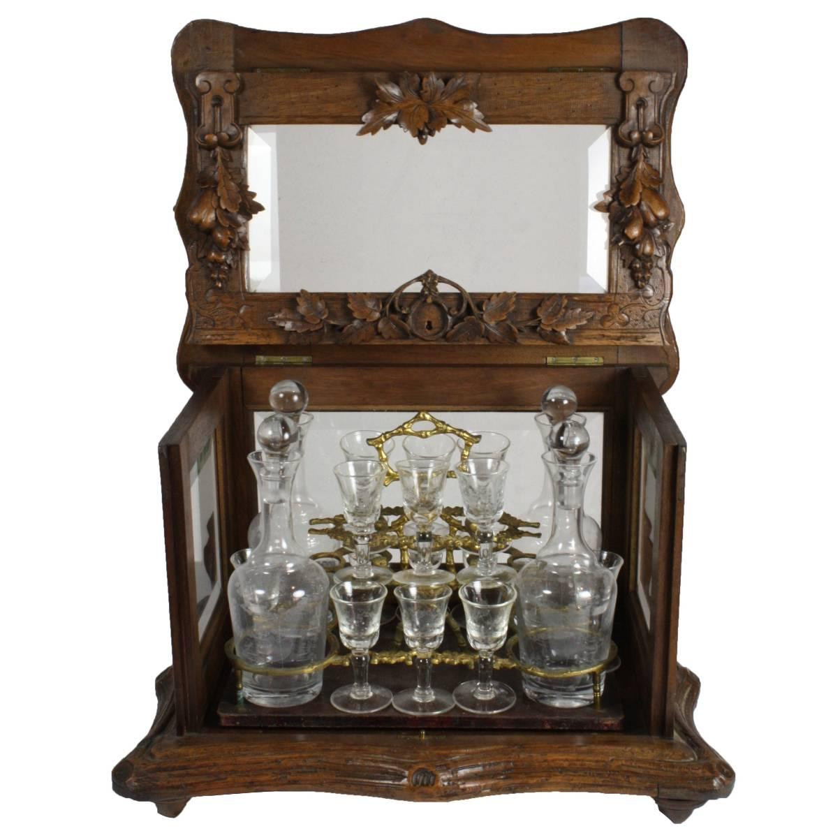 Swiss Walnut Liquor Box with Four Decanters and 16 Cordial/Aperitif Glasses For Sale