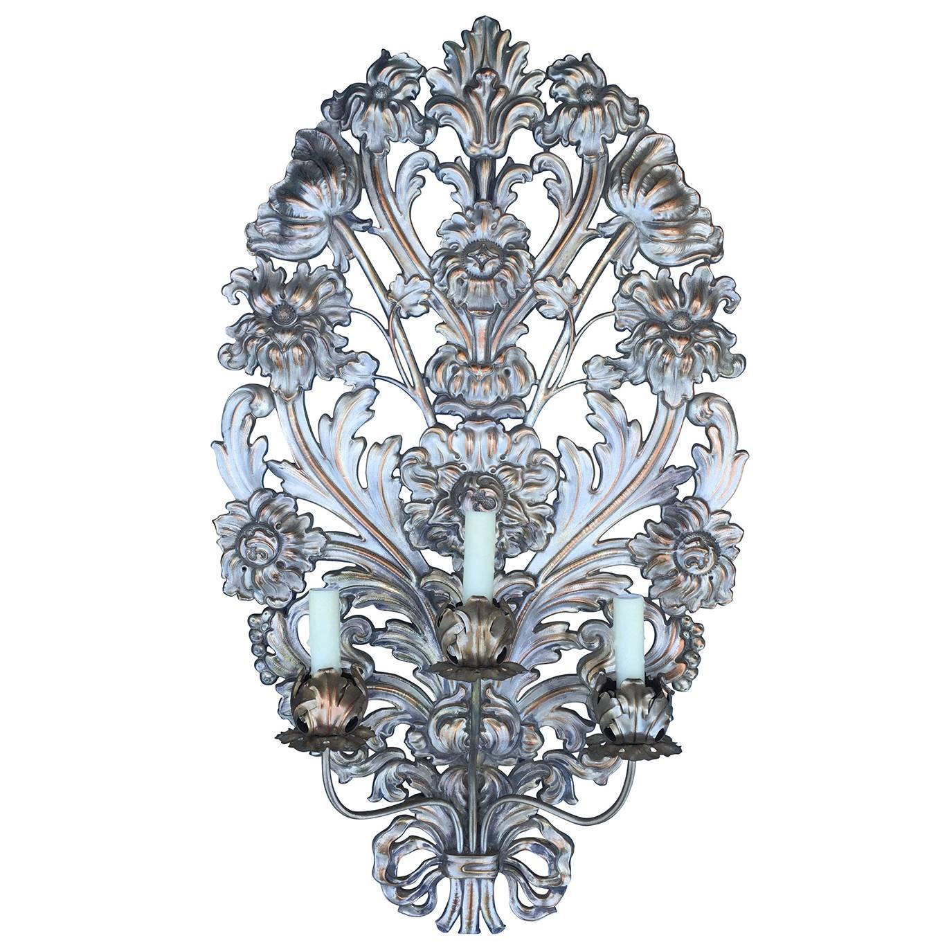 Very Large 19th-20th Century Italian Silvered Appliqué Sconce For Sale