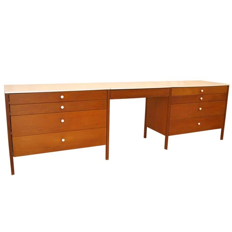 Florence Knoll Walnut Modern Three-Piece Dresser and Desk/Vanity Set