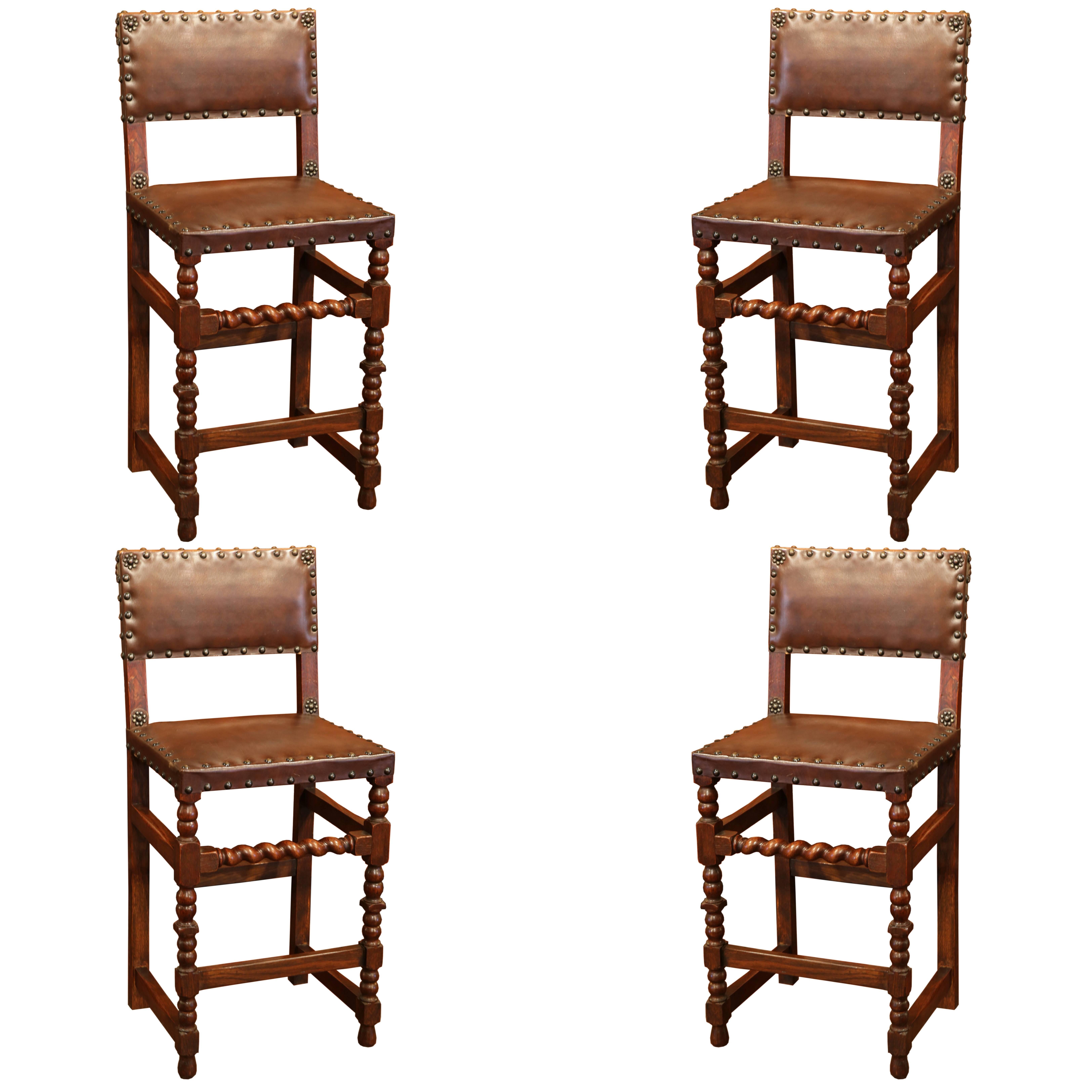Set of Four 19th Century French Walnut Barstools with Original Leather and Nails