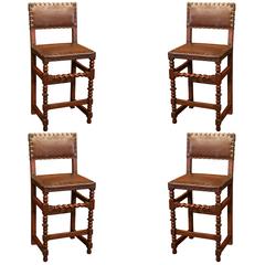 Antique Set of Four 19th Century French Walnut Barstools with Original Leather and Nails