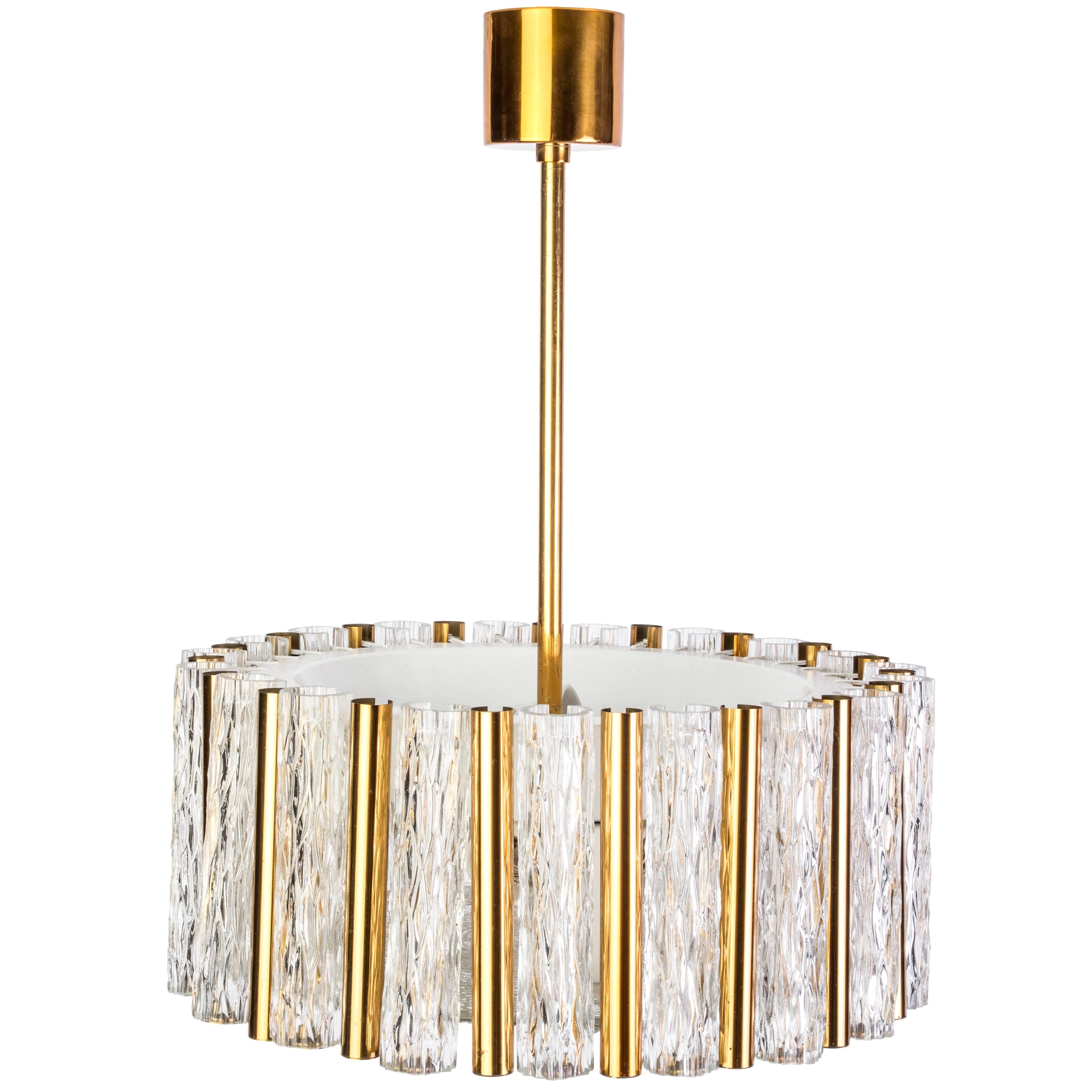 Exceptional Kaiser Leuchten Chandelier Glass & Brass Drum Shape Ceiling Pendant