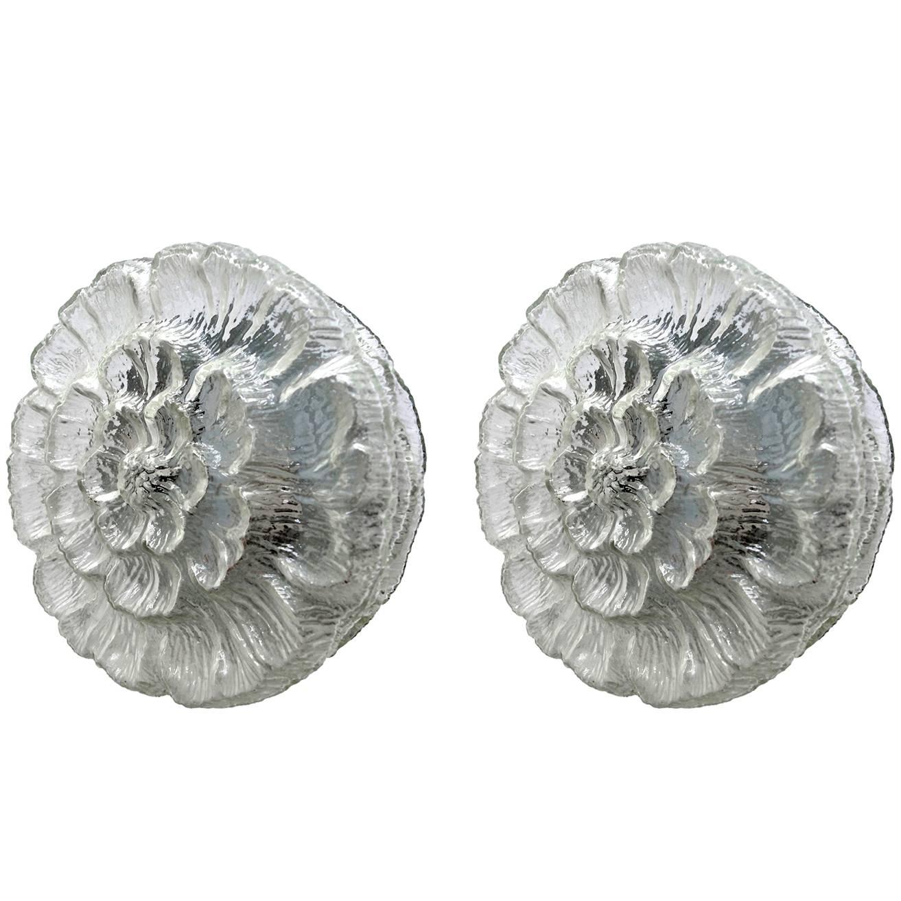 Pair of Large German Vintage Glass Flower Ceiling or Wall Flush Mounts 1960s For Sale